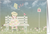 Birthday, cute girl on bench with bird and kite card