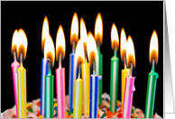 brother’s birthday-close up of many lit candles on cake card