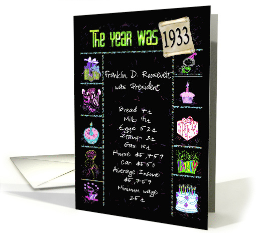 Birthday 1933 fun trivia facts with party elements on black card