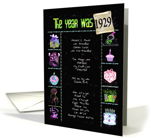 Birthday in 1929 fun trivia on black with party elements card (903044)