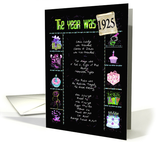 Birthday in 1925 fun trivia facts with party elements on black card