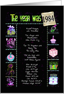 Birth year 1984 trivia facts on black with confetti and scroll card