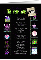 Birth year 1975 fun trivia facts collage on black with confetti card