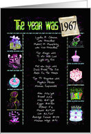Birthday in 1967 fun trivia facts with party elements on black card
