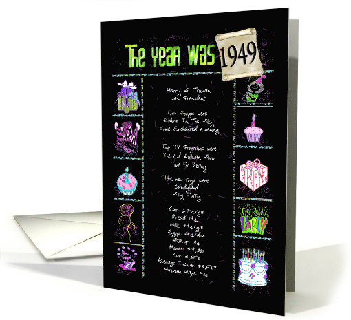 Birthday in 1949 fun trivia with party elements on black card (903411)