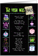 Birthday in 1945 fun trivia facts and party elements on black card