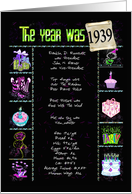 1939 Birth Year trivia with party elements on black with confetti card