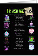 1935 birthday year fun trivia facts with party elements on black card