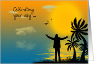 Brother’s birthday, man silhouette with palm trees on tropical island card