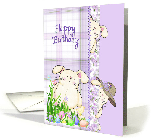 Easter birthday, bunnies on purple plaid with stitched border card