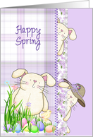 happy spring, bunny, purple, plaid, Easter card