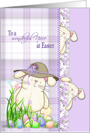 Easter Bunny On Plaid with Eggs and Floral Border for Niece card