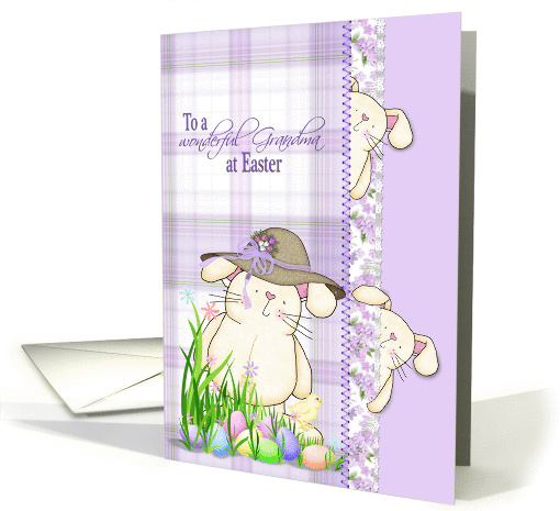 Easter for Grandma with cute bunnies and colored eggs on plaid card