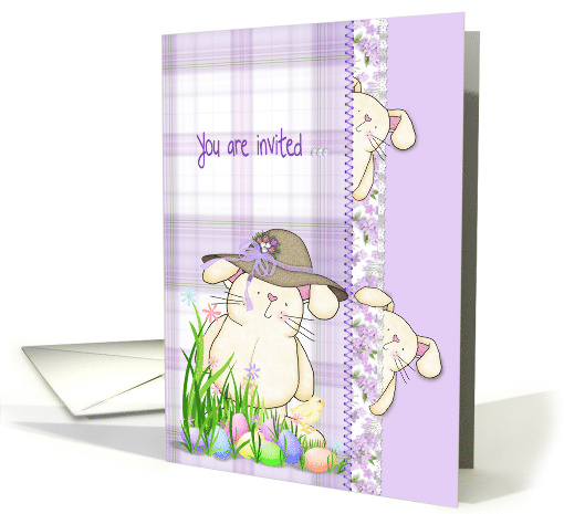Easter egg hunt party invitation with bunnies and eggs in grass card