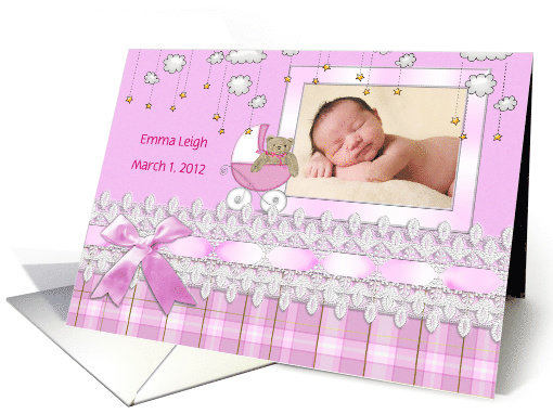 Baby Girl photo card with pink bow and lace ribbon card (906691)