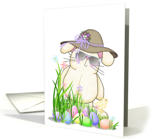 Neighbor's Easter, rabbit with sunglasses and eggs in grass card