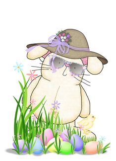 Neighbor's Easter, rabbit with sunglasses and eggs in grass