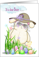 Easter for sister-bunny with hat and colored eggs in grass card