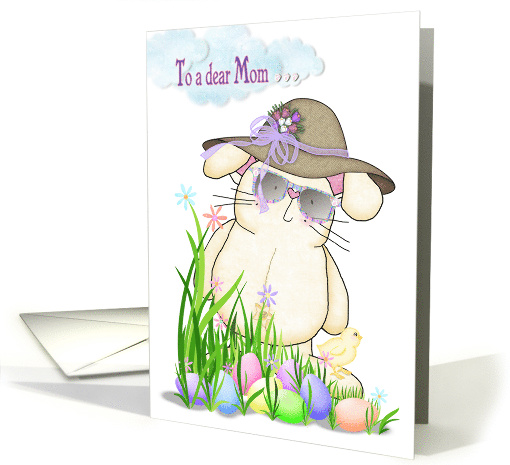 Easter for mom- bunny in sunglasses and hat with colored eggs card