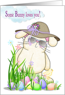 Easter bunny love with bonnet and colored eggs card