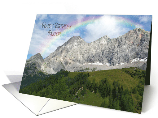 Birthday for pastor, rainbow over Austrian mountain peaks card