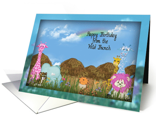 birthday from the group, jungle animals with huts and rainbow card