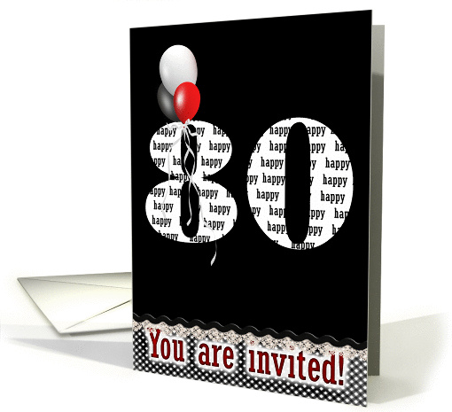 80th Birthday party invitation with red white and black balloons card