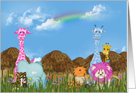 Teacher’s birthday from students, jungle animals in grass with rainbow card