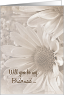 Bridesmaid request with soft sepia daisy bouquet card