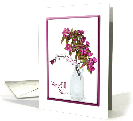 50th birthday-crab apple bouquet in vintage bottle on white card