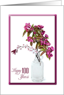 100th birthday crab apple bouquet in old bottle on white card