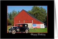 Birthday, vintage car with red barn and American flag card