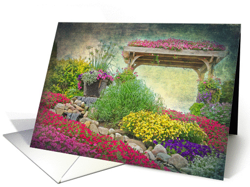 waterfall in rock garden for blank note card (926295)