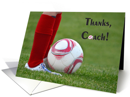 Thank You to soccer Coach-girl in red socks with soccer ball card