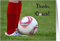 Thank You to soccer Coach-girl in red socks with soccer ball card