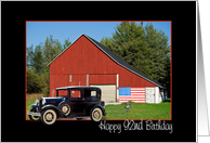 vintage car with patriotic red barn for 92nd birthday card