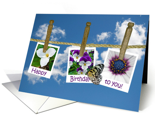 Happy Birthday floral photos on clothesline with butterfly card