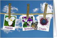 Cousin’s Birthday floral photos on clothesline with butterfly card