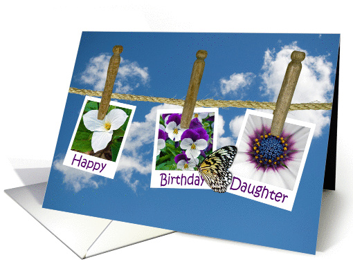 Daughter's Birthday floral photos on clothesline with butterfly card