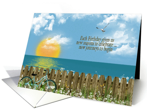 Sister's Birthday with ocean sunrise and bicycle card (933227)