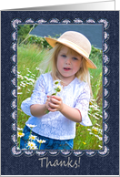 thank you, smiling little girl holding wildflower daisies in field card