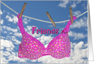 Friendship pink bra hanging on clothes line with sky background card