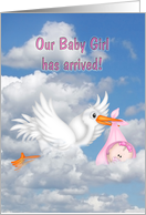 Baby Girl birth announcement with stork card