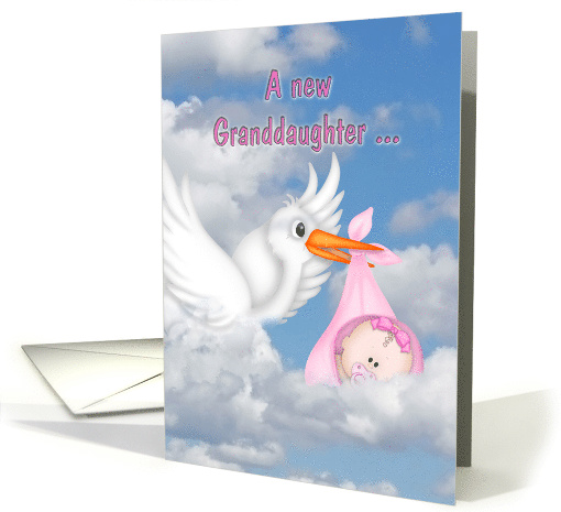 new granddaughter stork in clouds with baby girl in blanket card