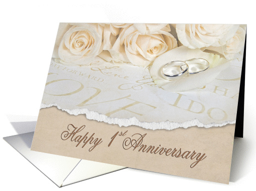 1st wedding anniversary white roses and rings card (945224)