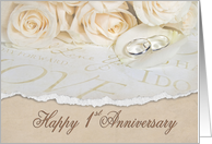 1st wedding anniversary white roses and rings card