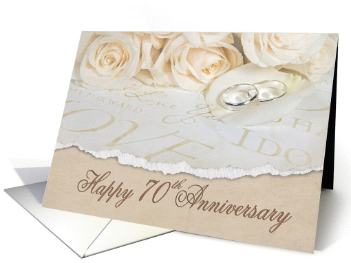 70th wedding anniversary white roses and rings card (945229)