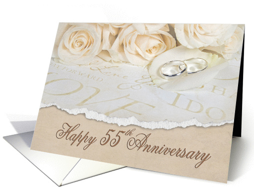 55th wedding anniversary white roses and rings card (945234)
