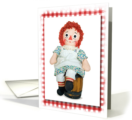rag doll on barrel with gingham frame for thinking of you card