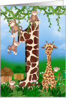 First Birthday with monkeys and giraffe card